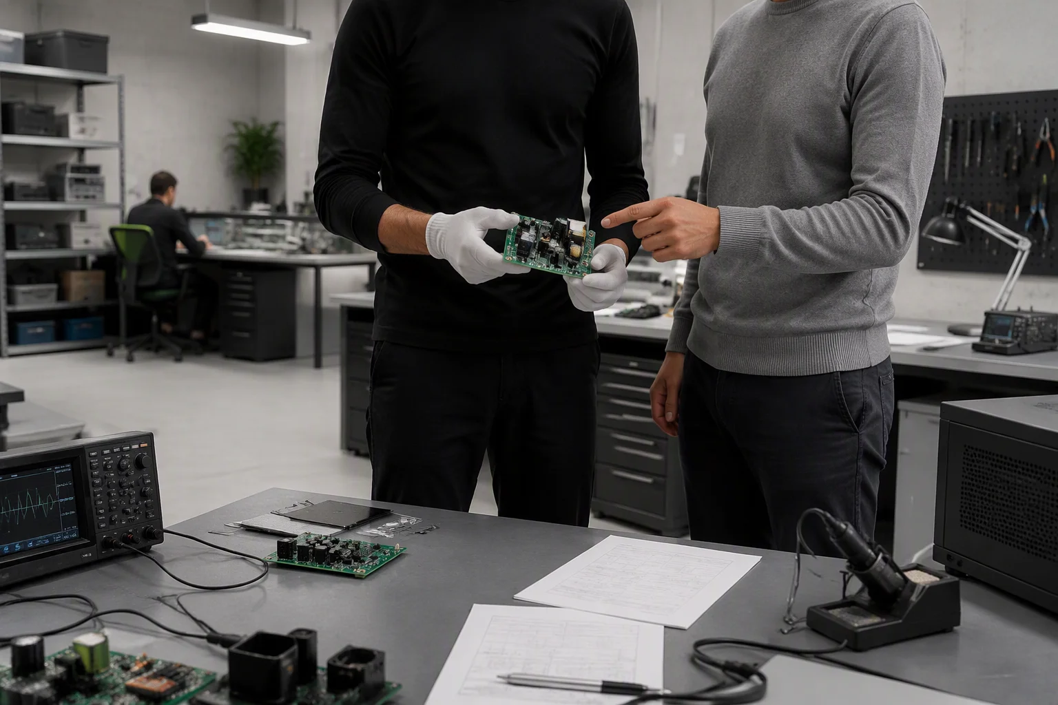 ems-charge engineers reviewing a charger circuit board at a workbench