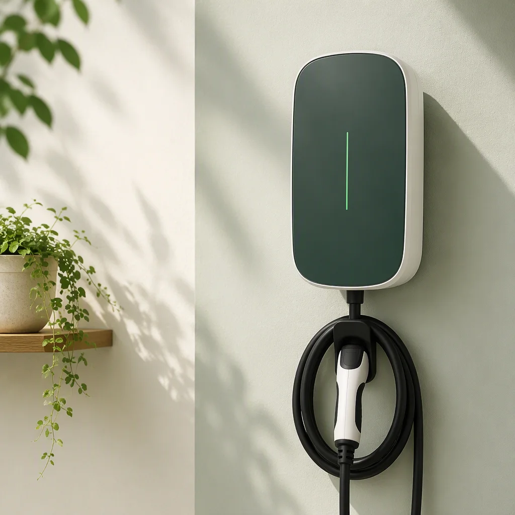 AC wallbox on a soft green wall with plant shelf
