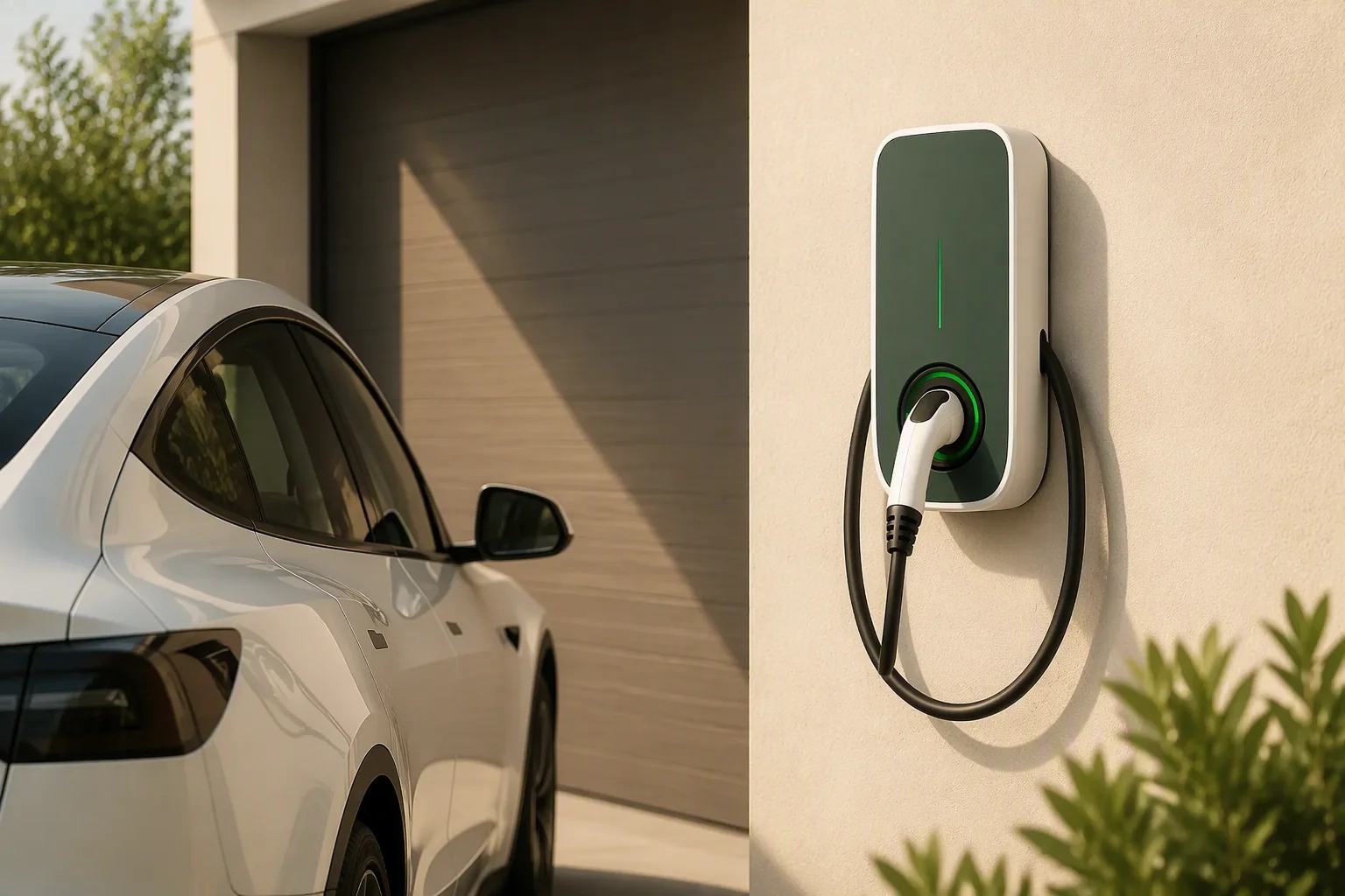 AC wallbox mounted on a garage wall beside an electric car