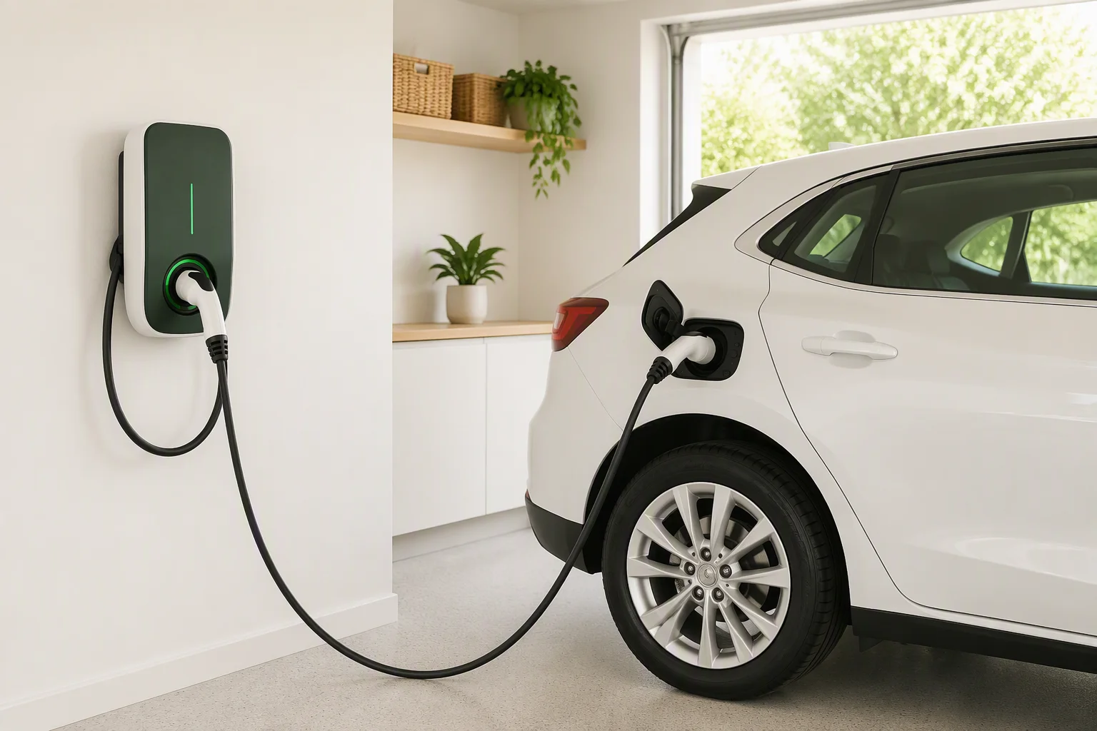 Wallbox charging a car in a residential garage