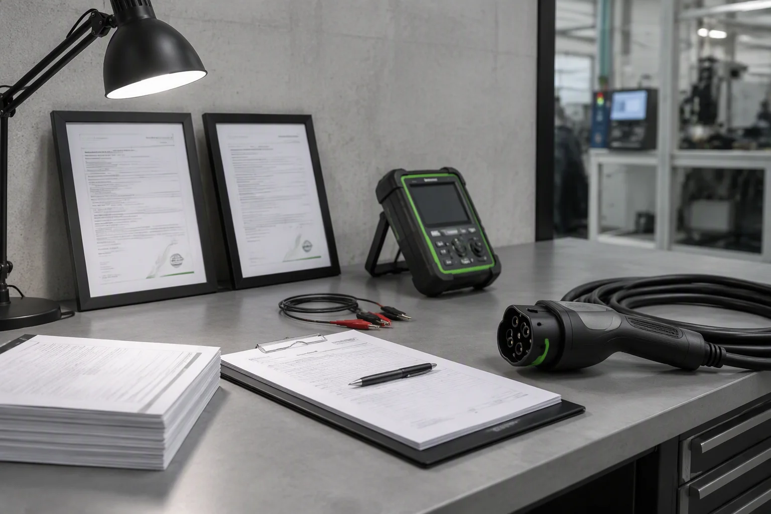 EV charger certification guide cover — certification documents and a calibration meter on a lab desk