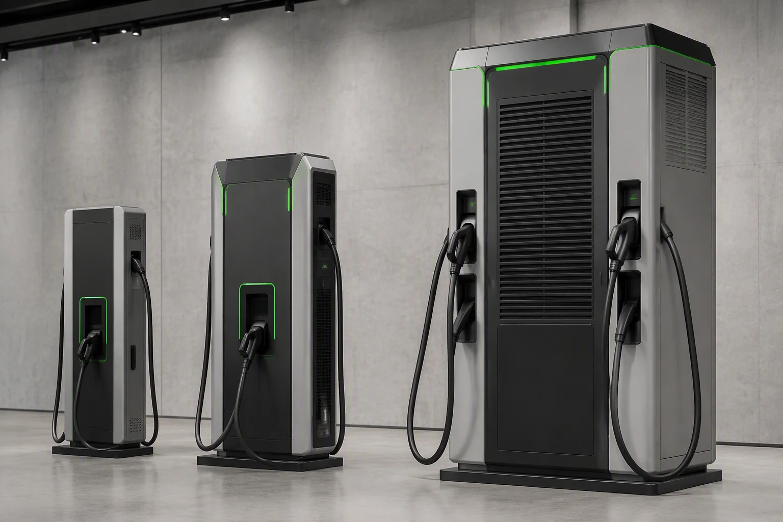 DC fast charger power selection guide cover — three DC chargers of different sizes
