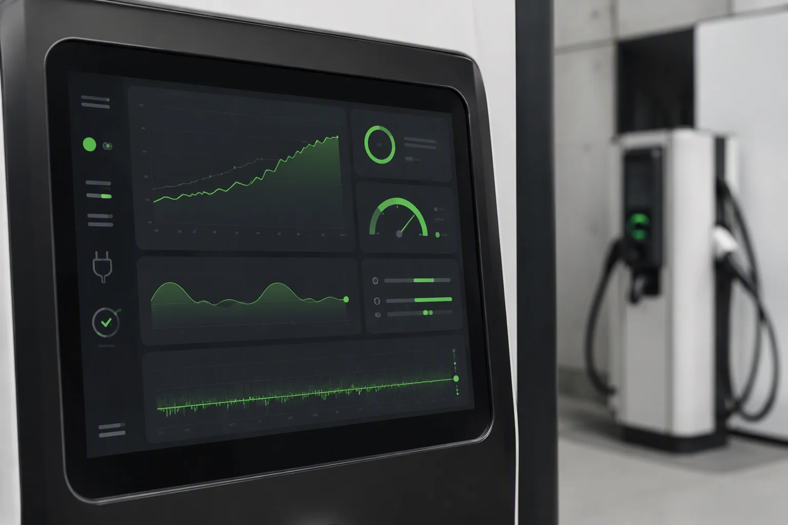 OCPP 2.0.1 protocol guide cover — charger screen showing a management dashboard