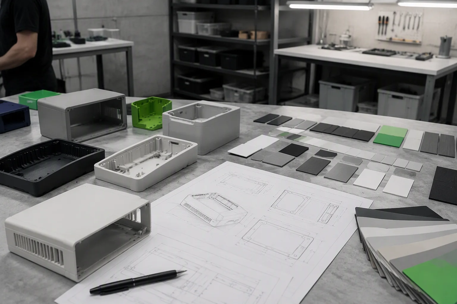 ems-charge OEM customization workshop with enclosure samples and engineering drawings