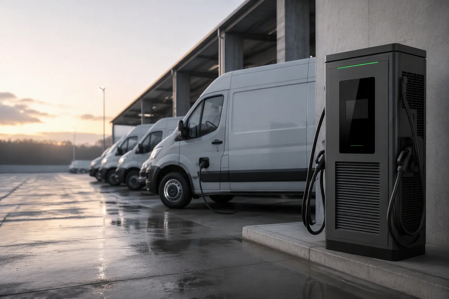 ems-charge DC fast charger at a logistics fleet depot with electric vans
