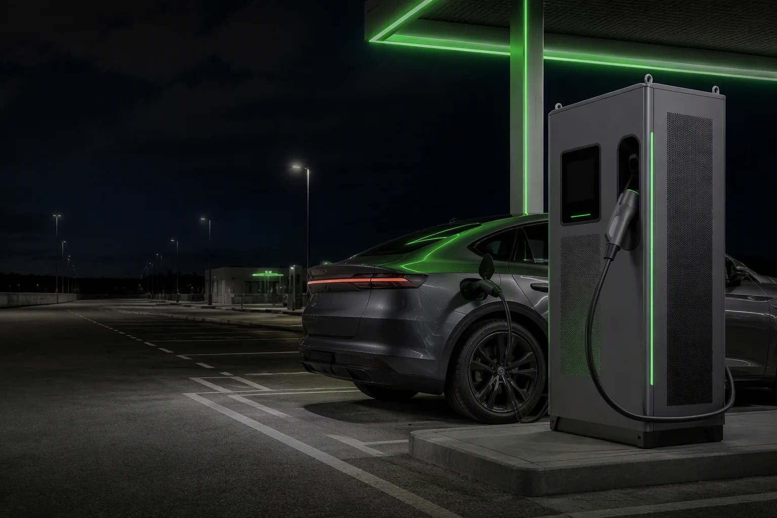 ems-charge liquid-cooled ultra-fast charger at a highway hub at night