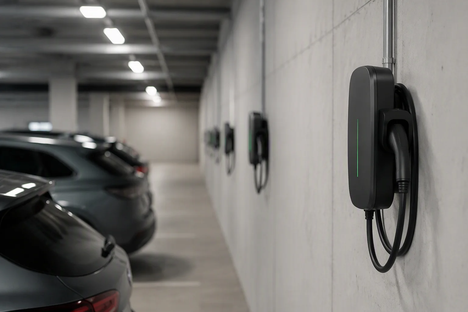 ems-charge AC wallbox chargers along an apartment garage wall
