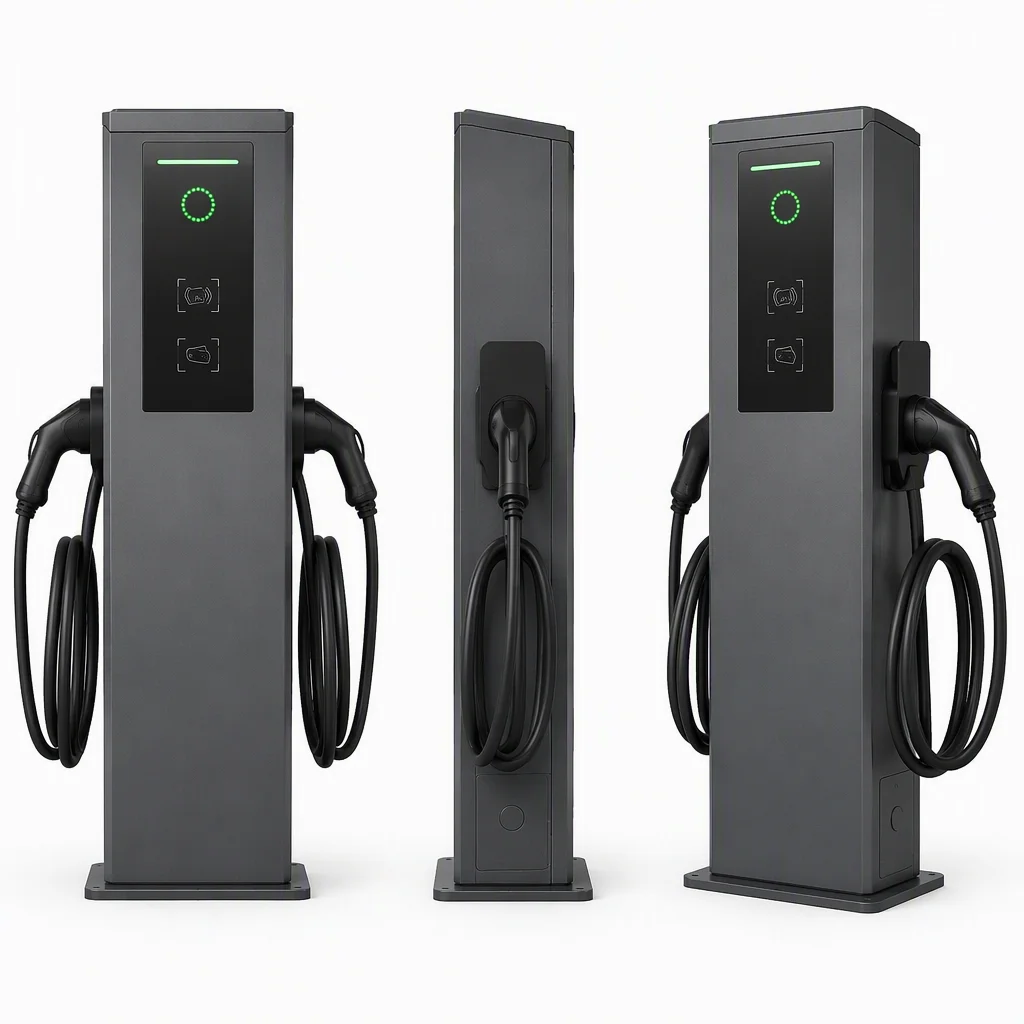 ems-charge dual-port AC commercial charging pedestal in front, side and three-quarter views