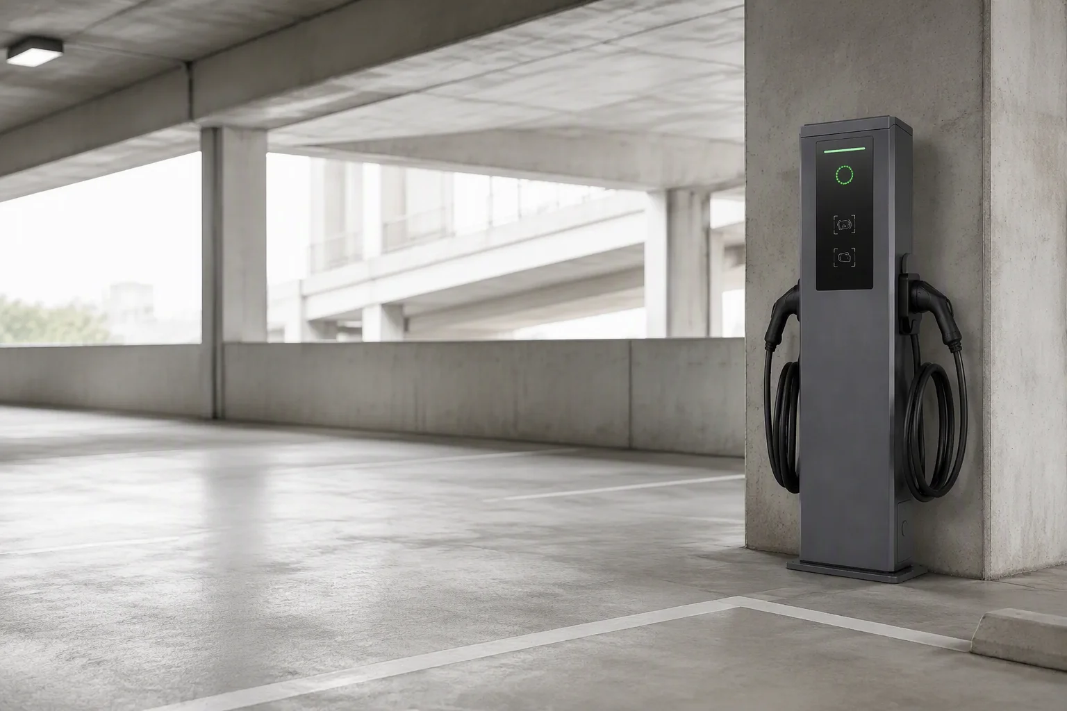 ems-charge dual-port AC commercial charging pedestal in an office parking garage
