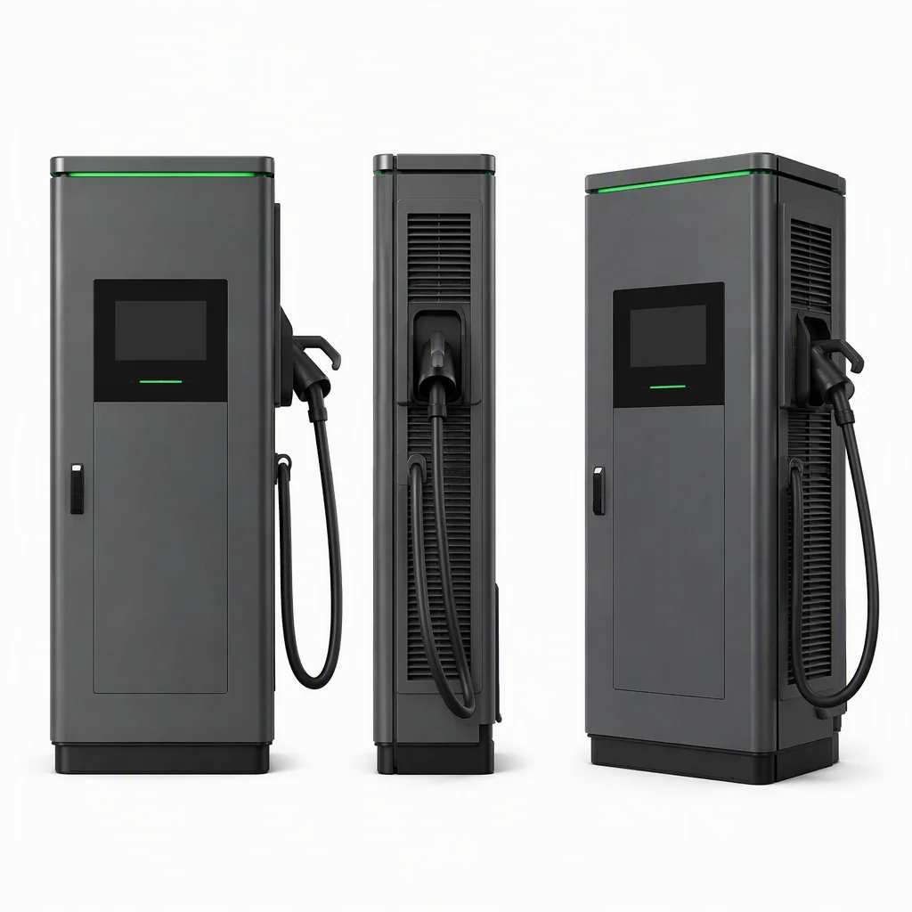 ems-charge compact all-in-one 60kW DC fast charger, front side and three-quarter views on white background