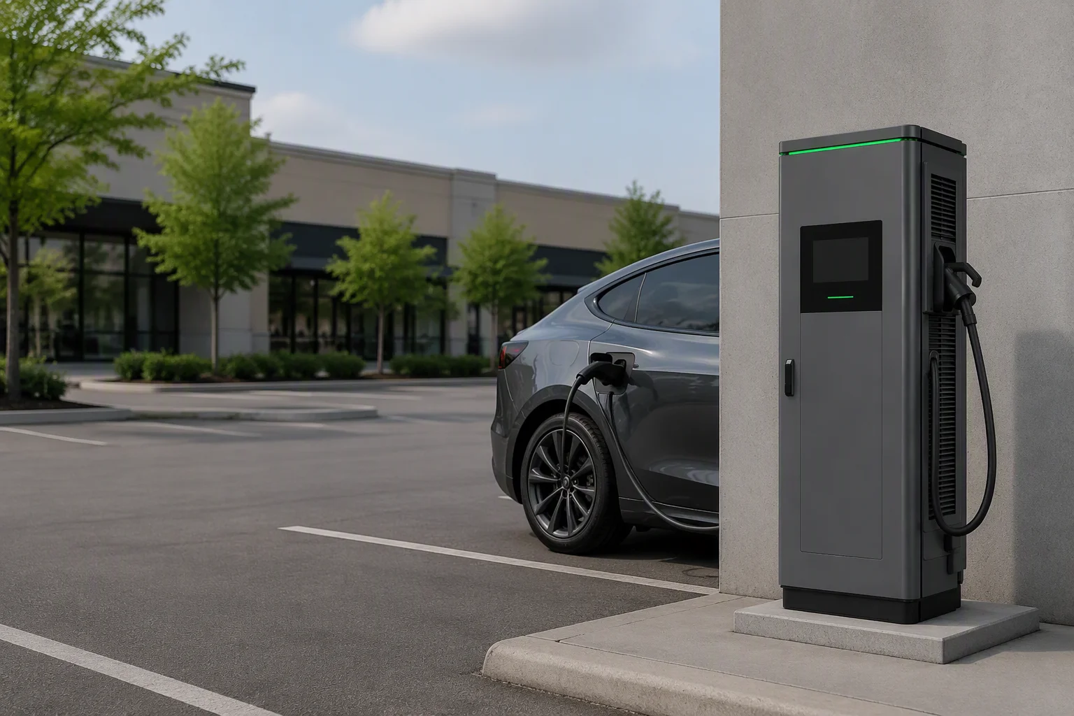 ems-charge compact DC fast charger charging a car at a retail parking lot