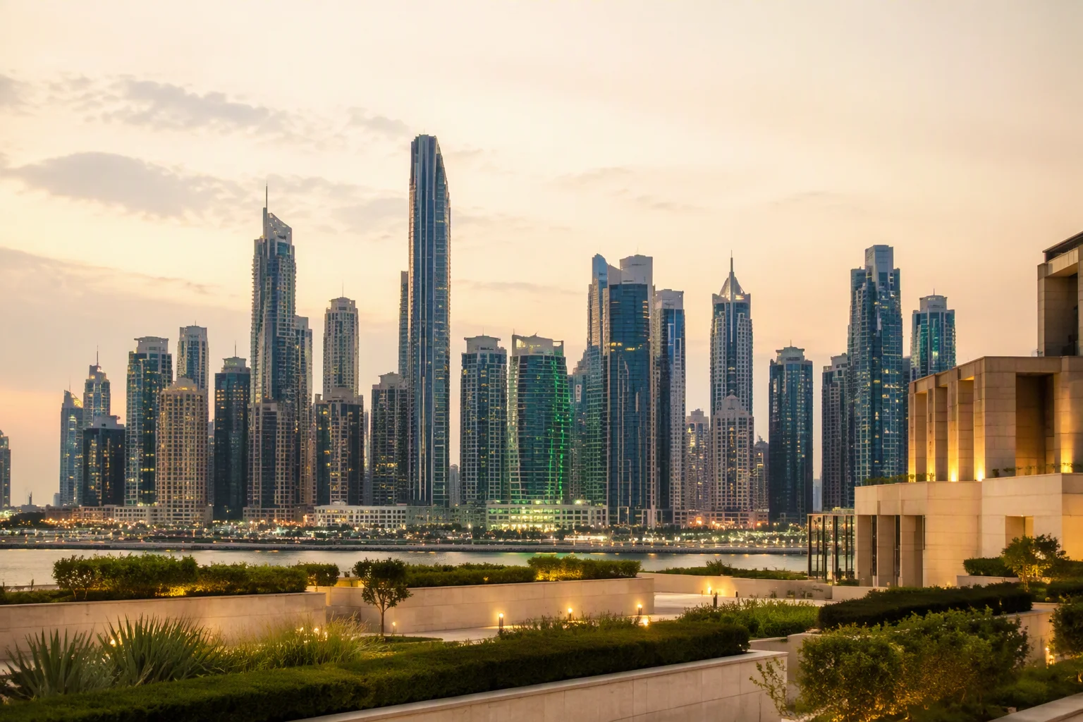 City skyline at dusk