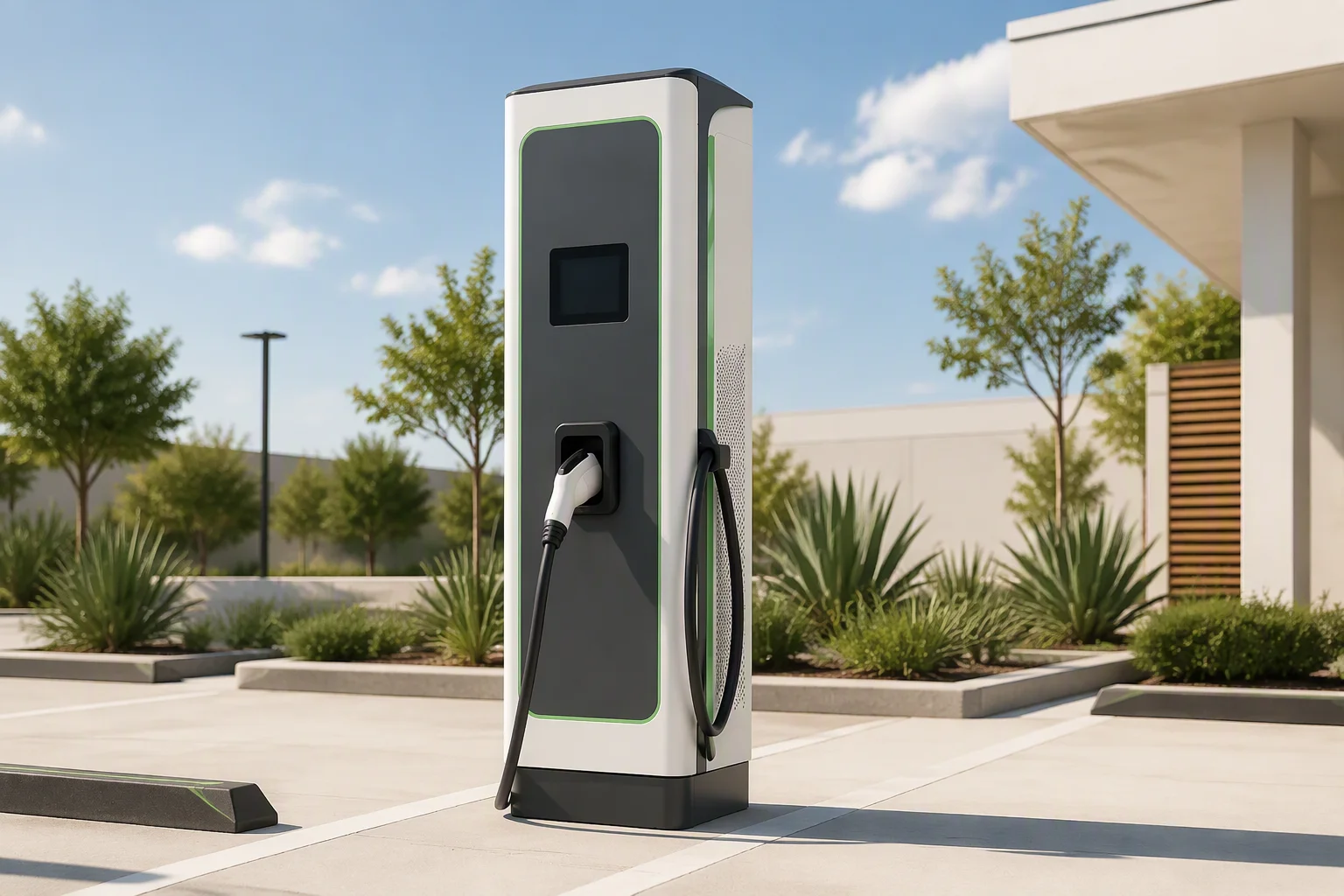 DC fast charging pillar in a bright charging plaza