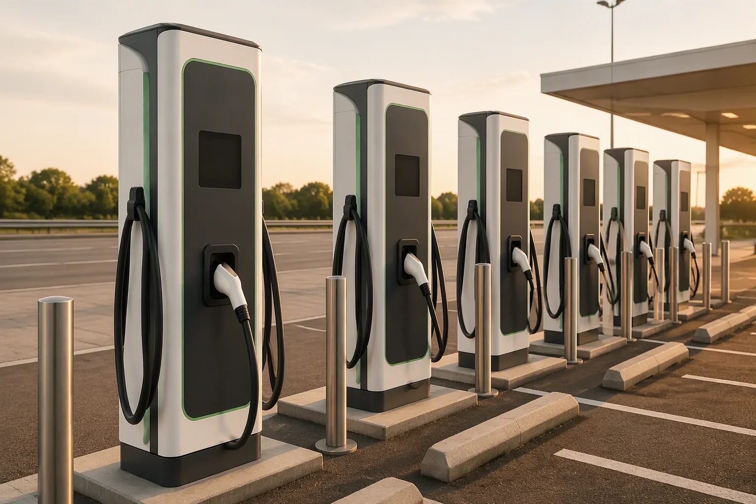 DC chargers in a row at a highway service plaza