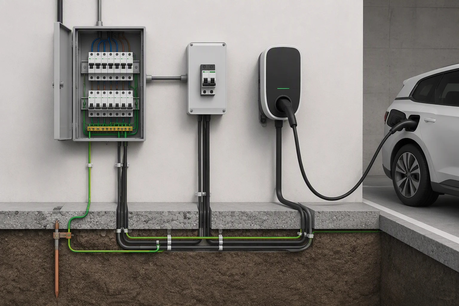 EV charging station electrical layout diagram with breaker and earthing