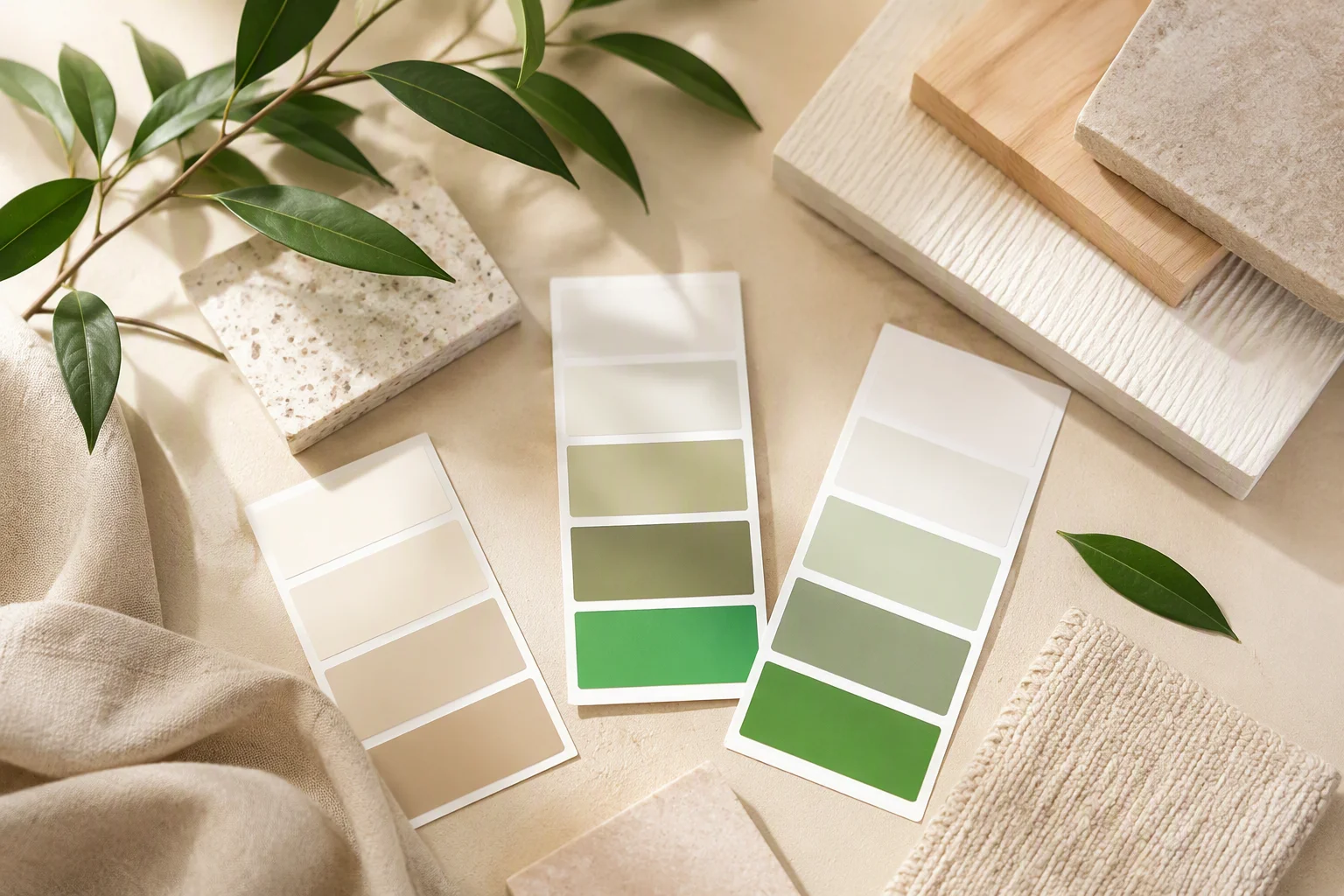 Color swatch cards on a beige table