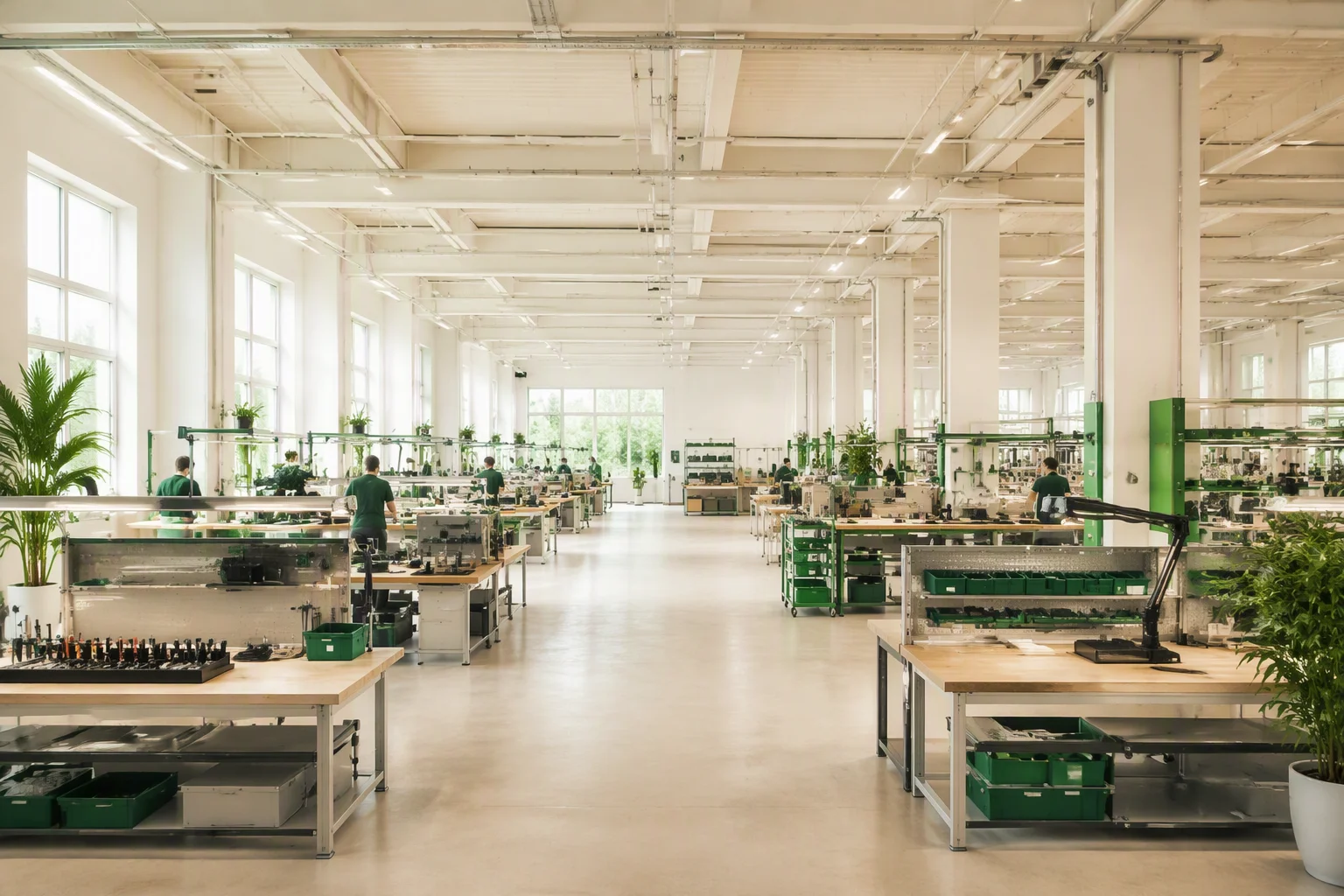 Assembly workshop with workbenches in rows