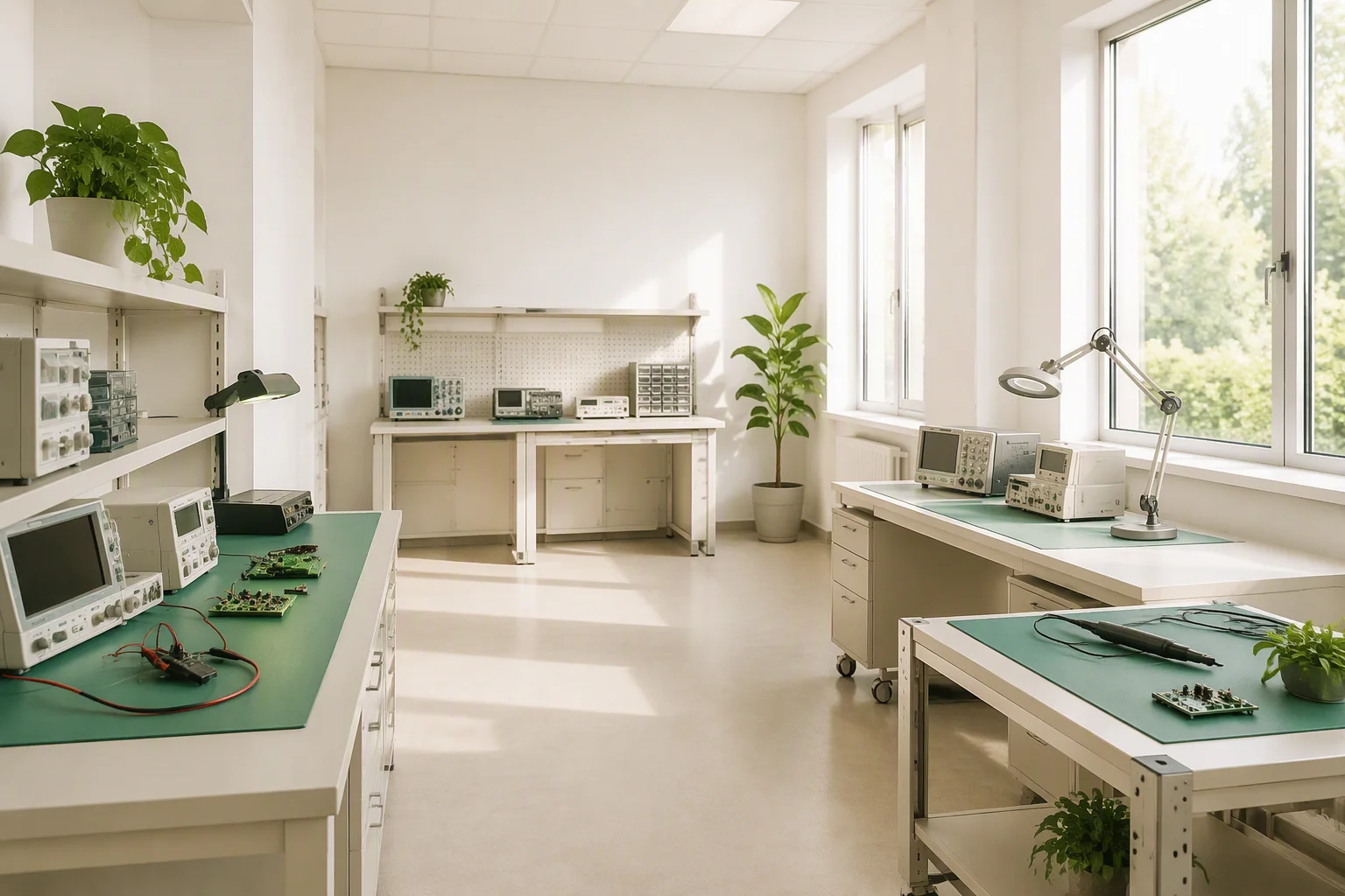 Electronics testing laboratory with workbenches