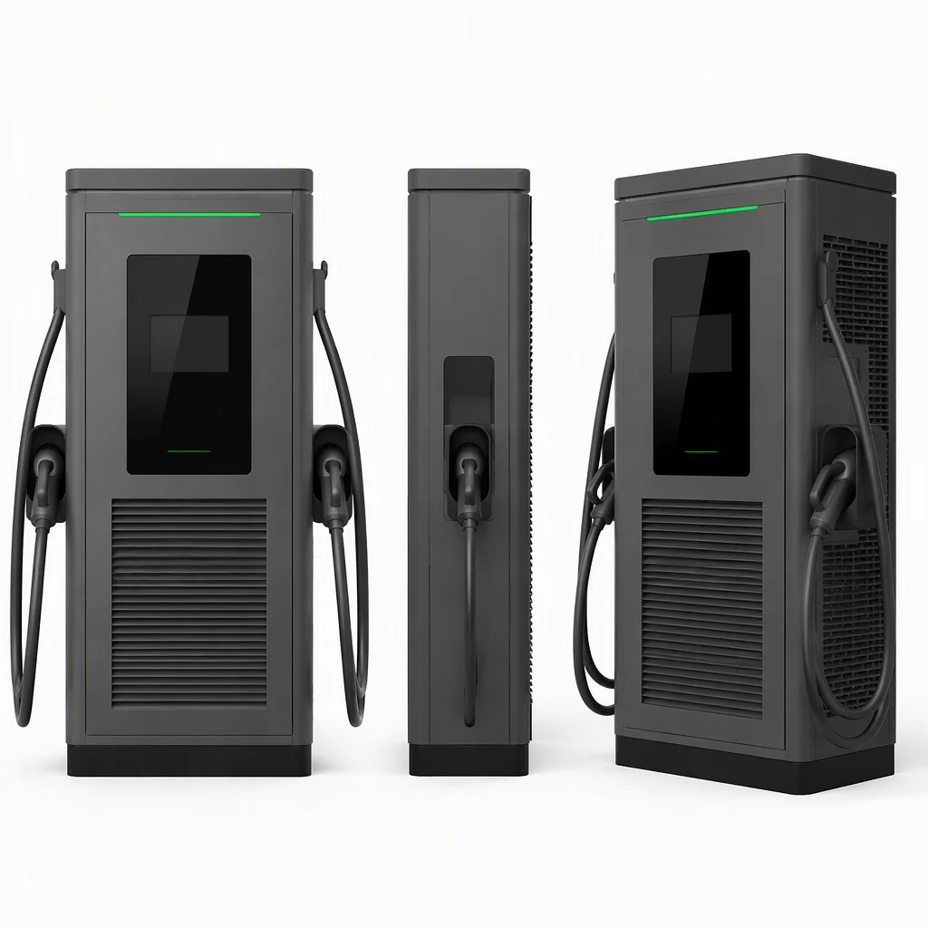 ems-charge 180kW dual-gun DC fast charger, front side and three-quarter views on white background