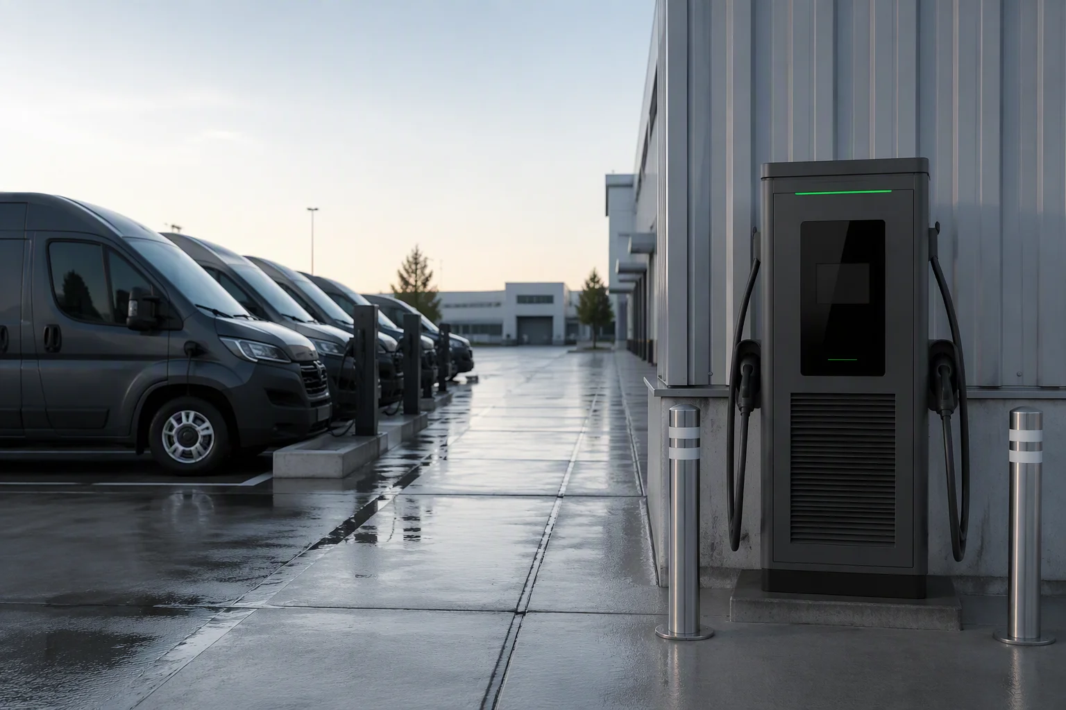 ems-charge DC fast charger charging a row of electric delivery vans at a logistics depot