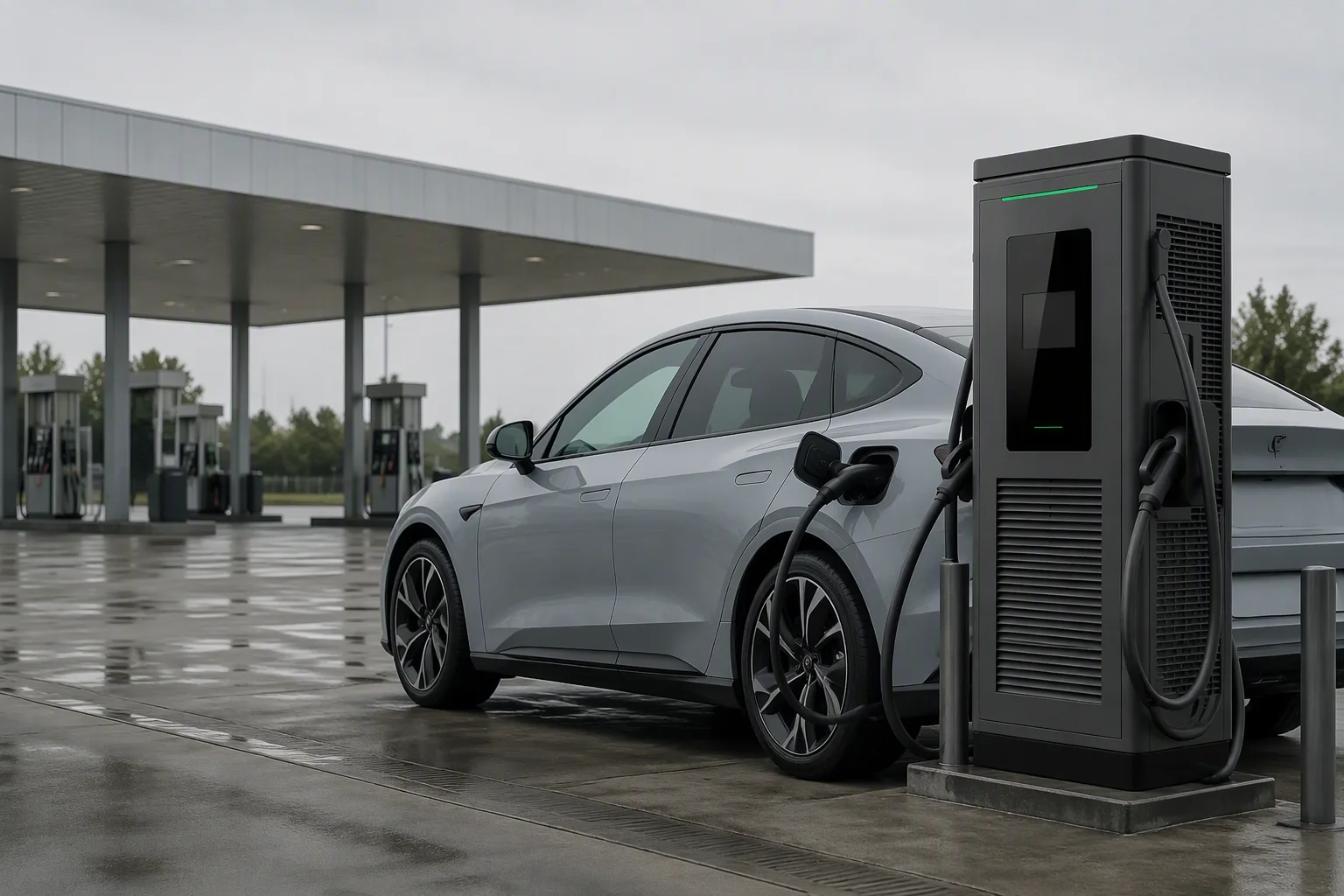 ems-charge DC fast charger installed beside a traditional fuel station canopy