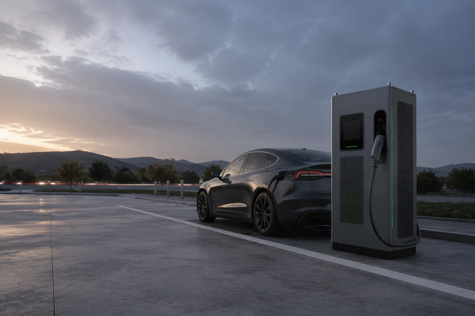 ems-charge liquid-cooled DC ultra-fast charger at a highway rest area