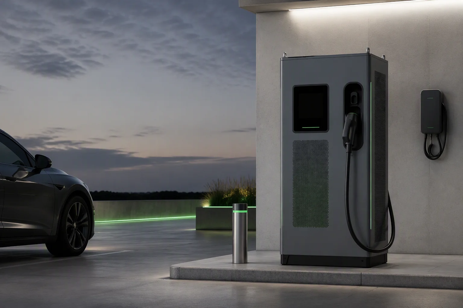 ems-charge DC fast charger and AC wallbox side by side at a modern charging station