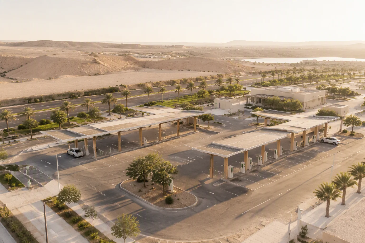Modern EV charging plaza at golden hour, wide aerial view