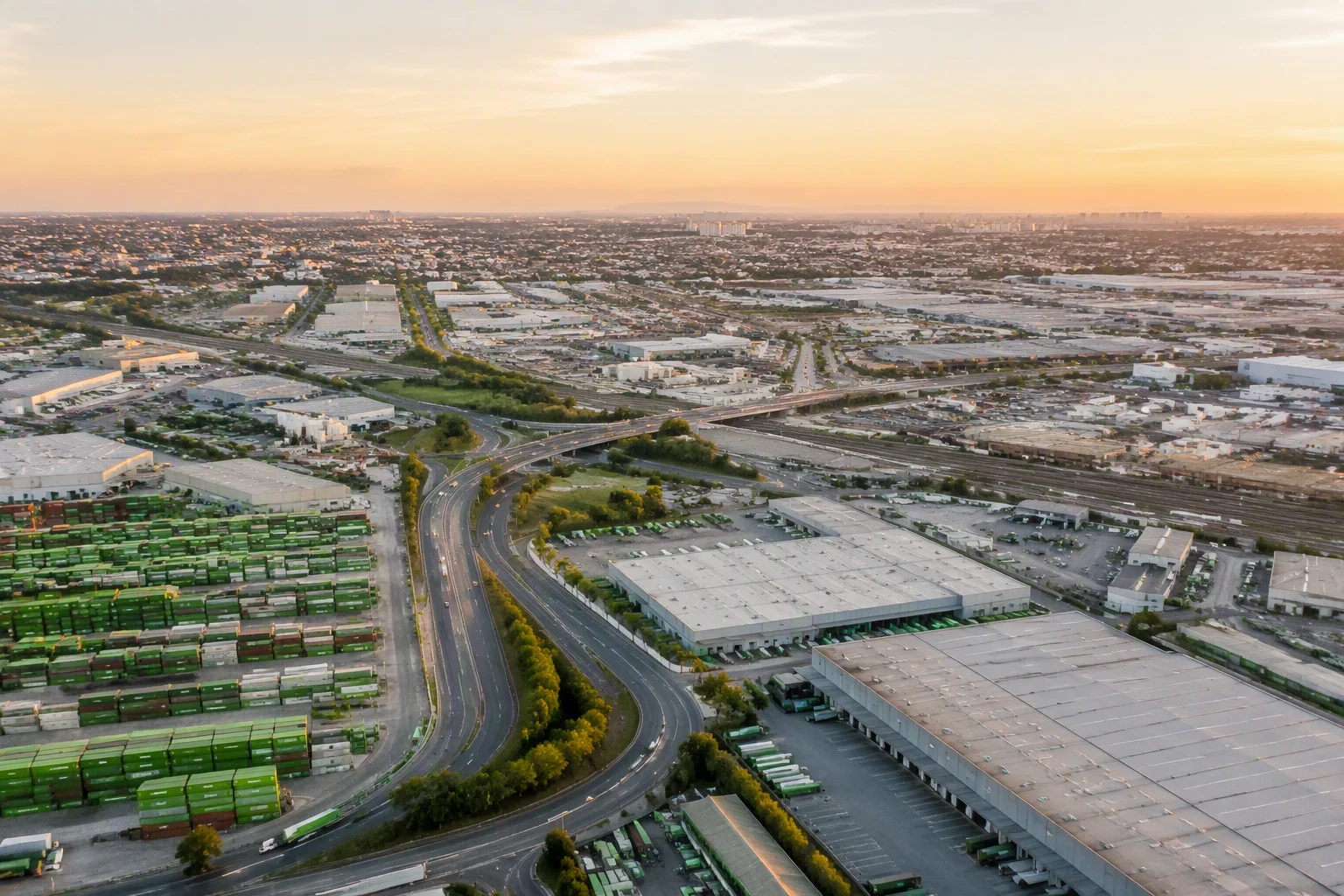 Aerial dusk view of industrial district with highways