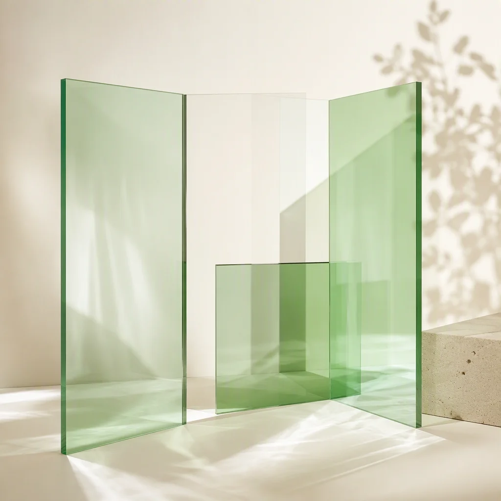 Green glass panels with soft reflections