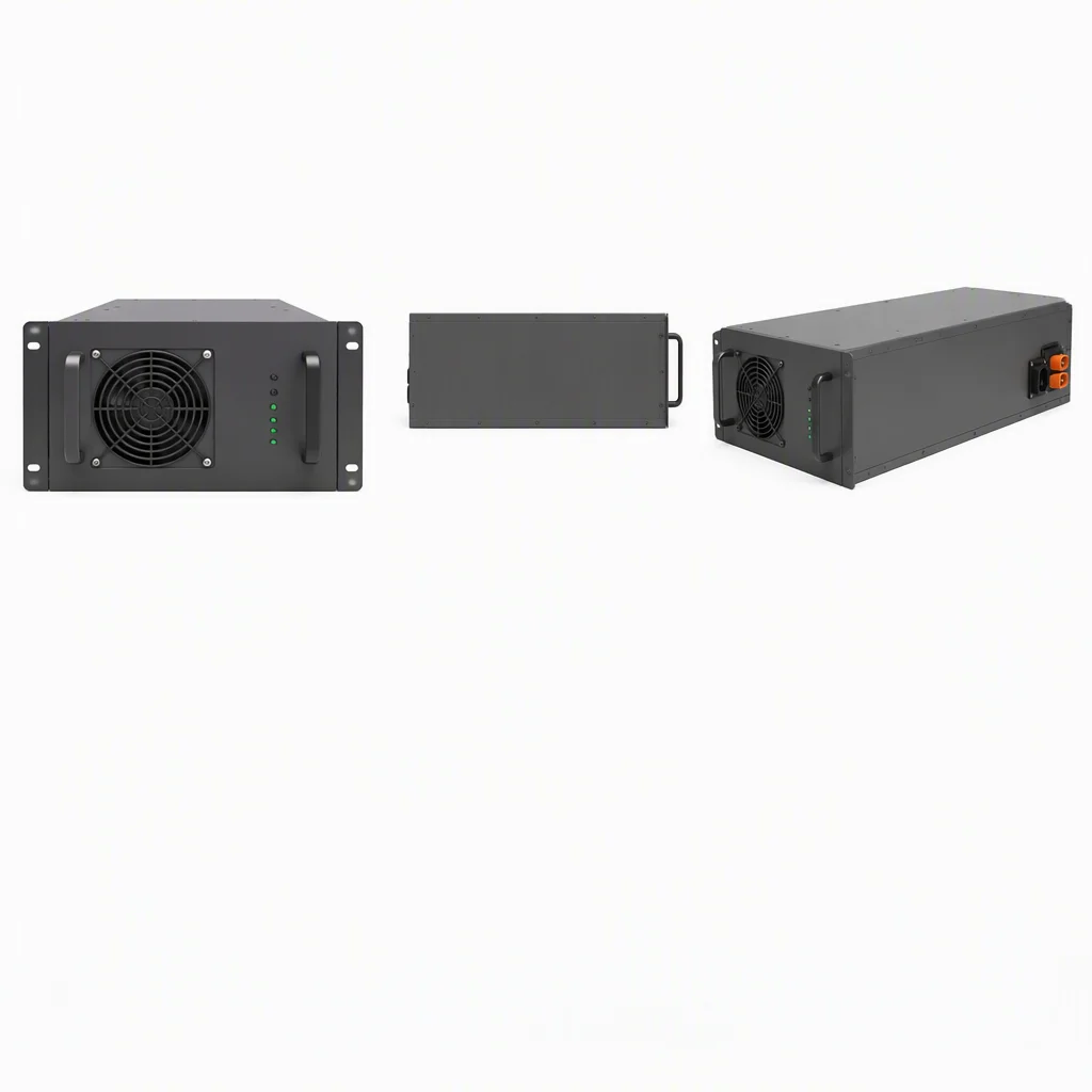 ems-charge 30 kW air-cooled charging module, front, side and three-quarter views