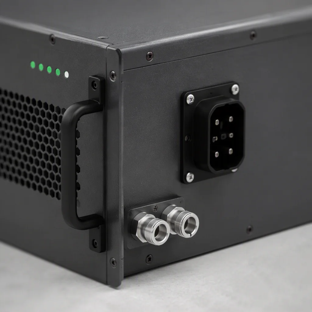 ems-charge 40 kW module liquid coolant ports and rear power connector detail