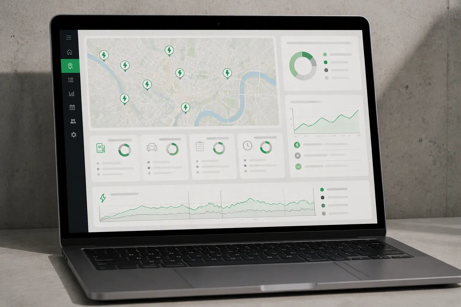 ems-charge OCPP charging management platform dashboard on a laptop