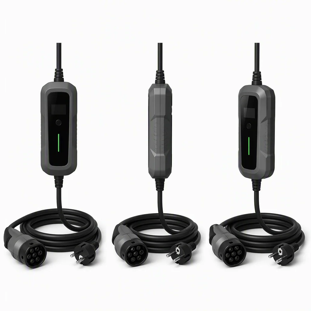 ems-charge portable Mode 2 EV charger cable in front, side and three-quarter views