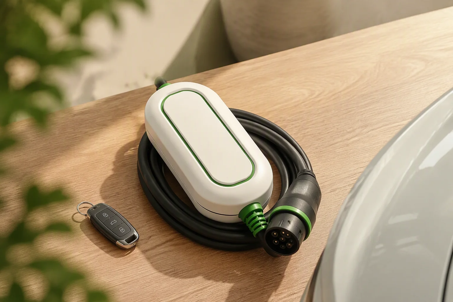 Portable EV charger on a table beside a car key