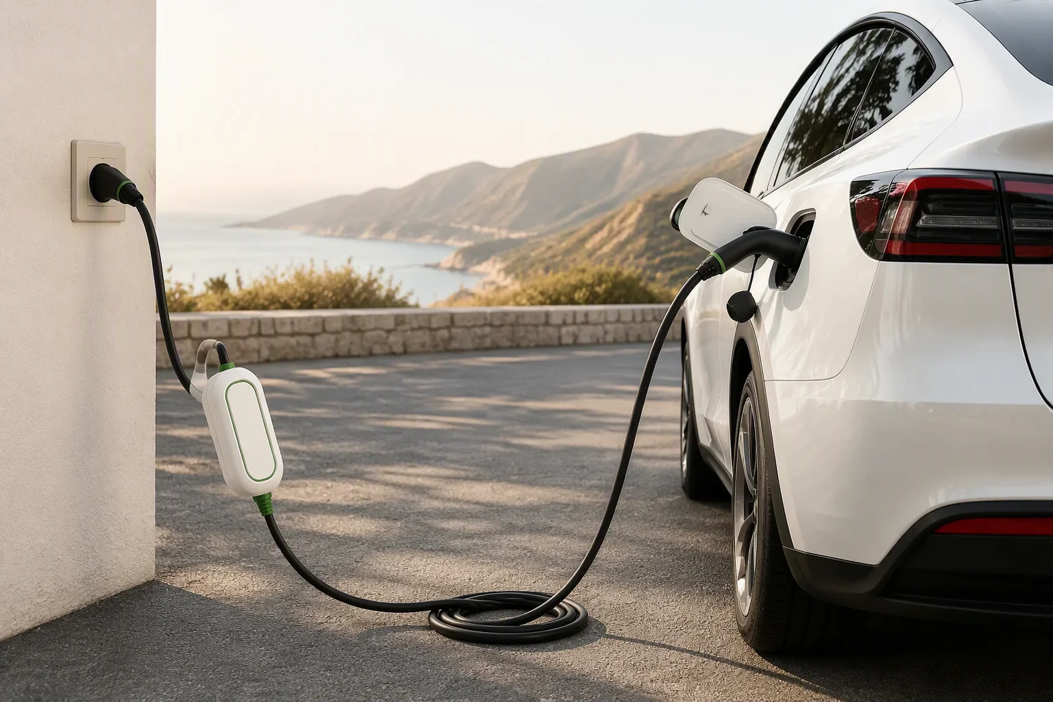 Portable charger charging a car on a road trip