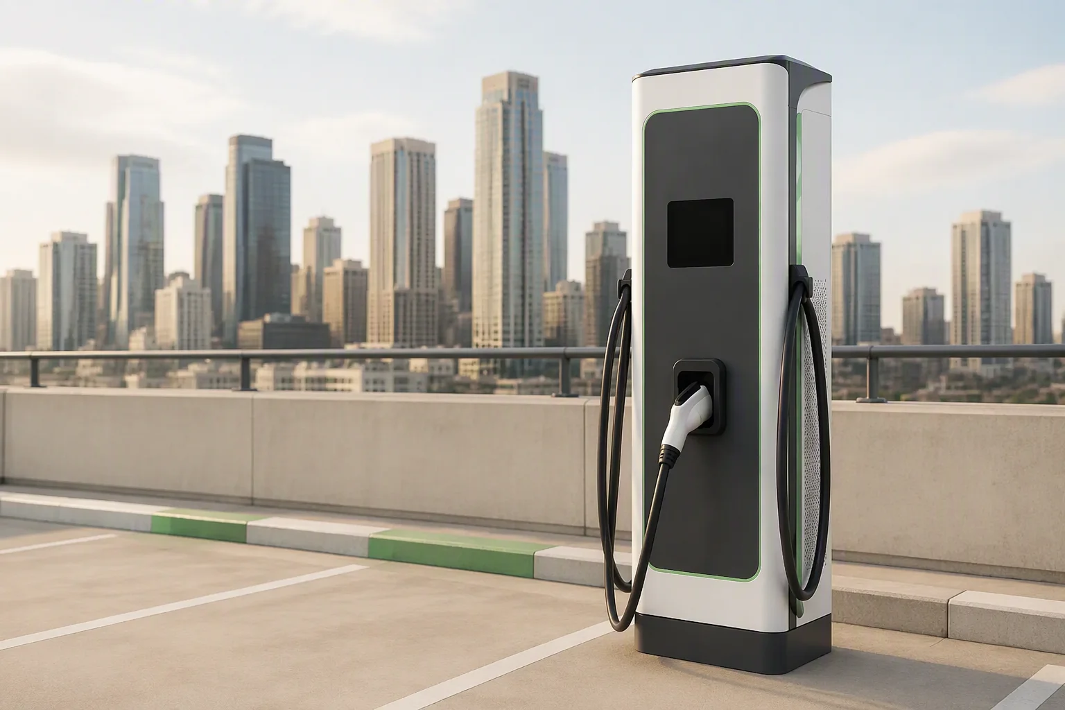 Rooftop charging deck with city skyline