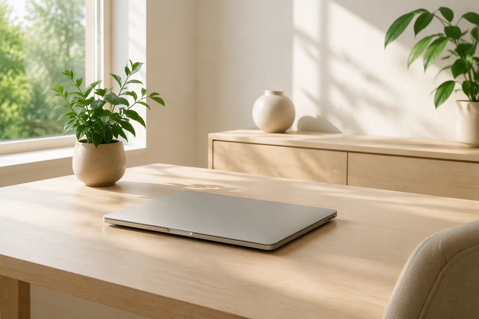 Clean office desk with laptop and plant