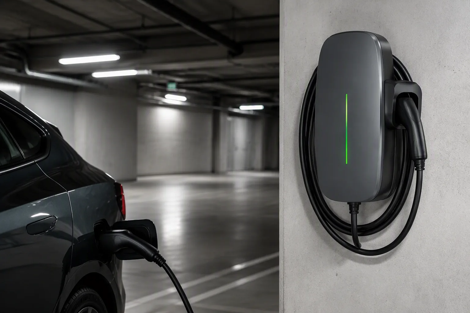 ems-charge AC wallbox charger in an underground condominium parking garage