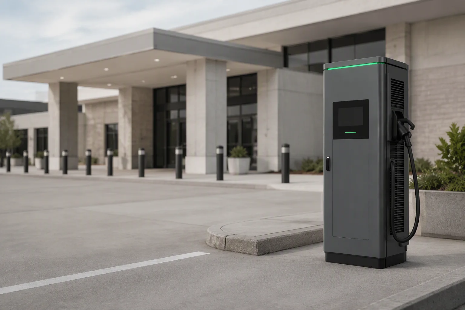 ems-charge compact DC fast charger at a shopping mall parking lot