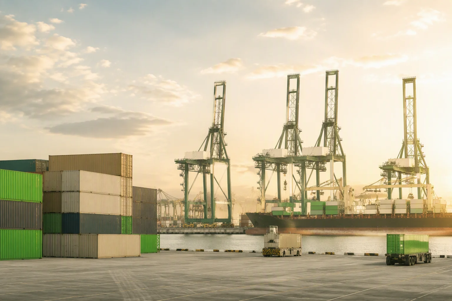 Container port with gantry cranes at golden hour