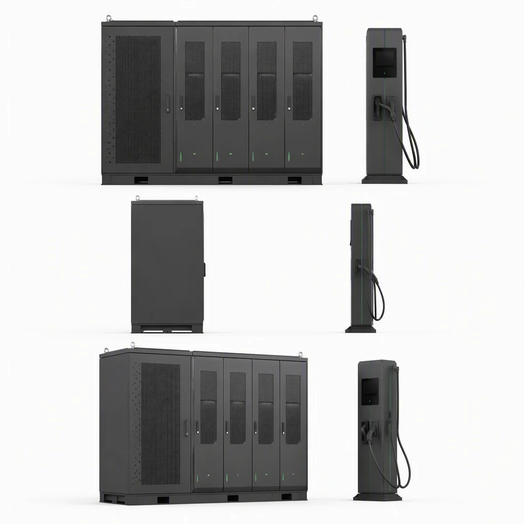 ems-charge split-type DC charging system with power cabinet and dispenser terminal, three views on white background