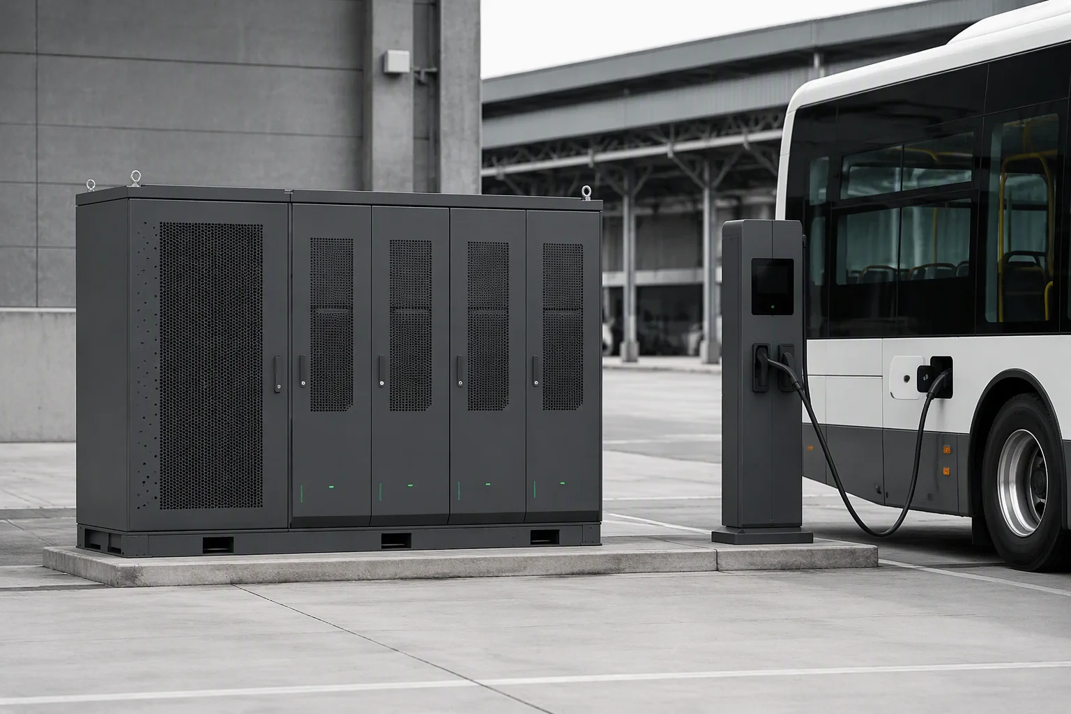 ems-charge split-type DC charging system with power cabinet and dispenser charging a bus at a depot