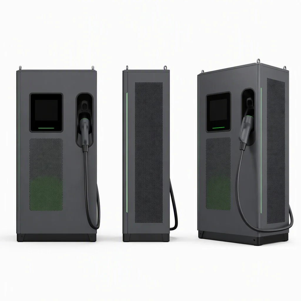 ems-charge 360kW liquid-cooled DC ultra-fast charger, front side and three-quarter views on white background
