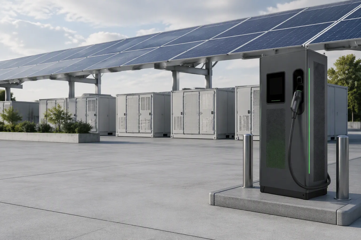 ems-charge DC charger at a solar-powered smart-grid V2G charging hub