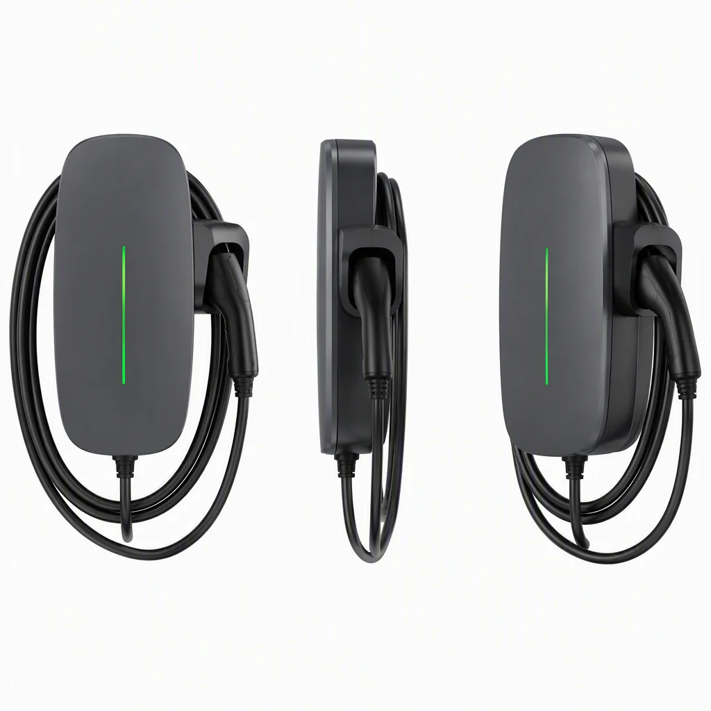 ems-charge AC wallbox charger in front, side and three-quarter views on a white background