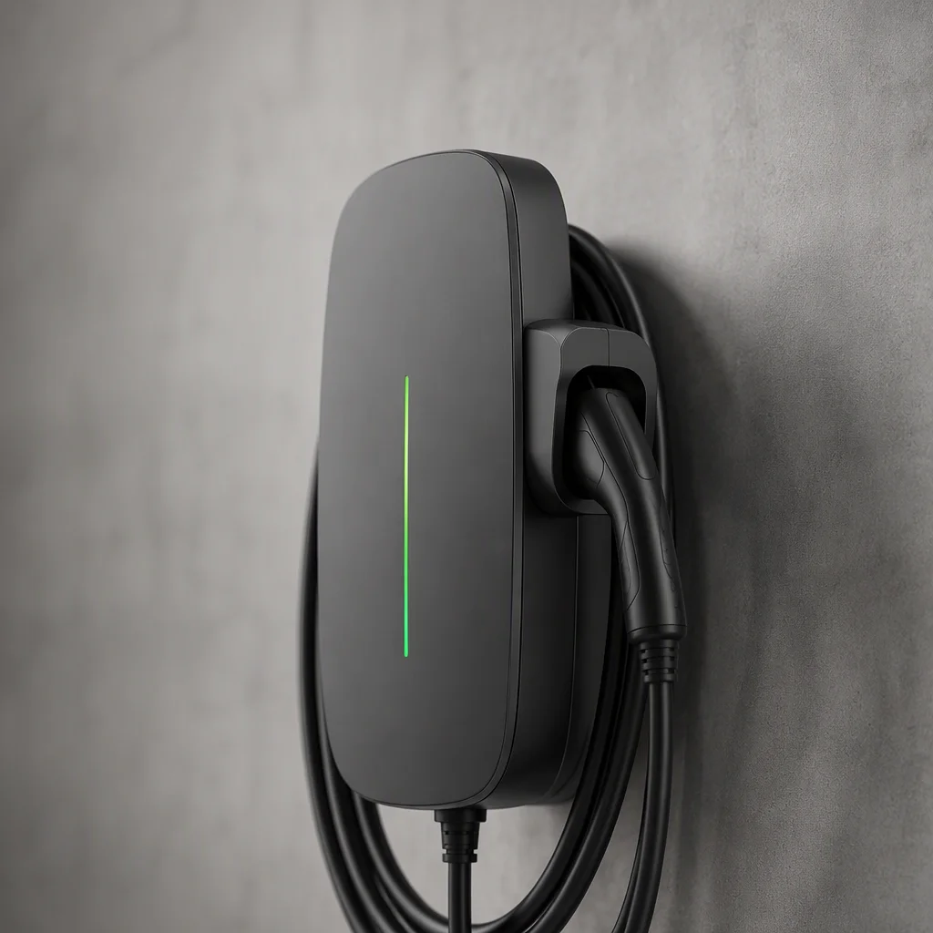 Macro detail of the ems-charge wallbox connector holster and LED status strip