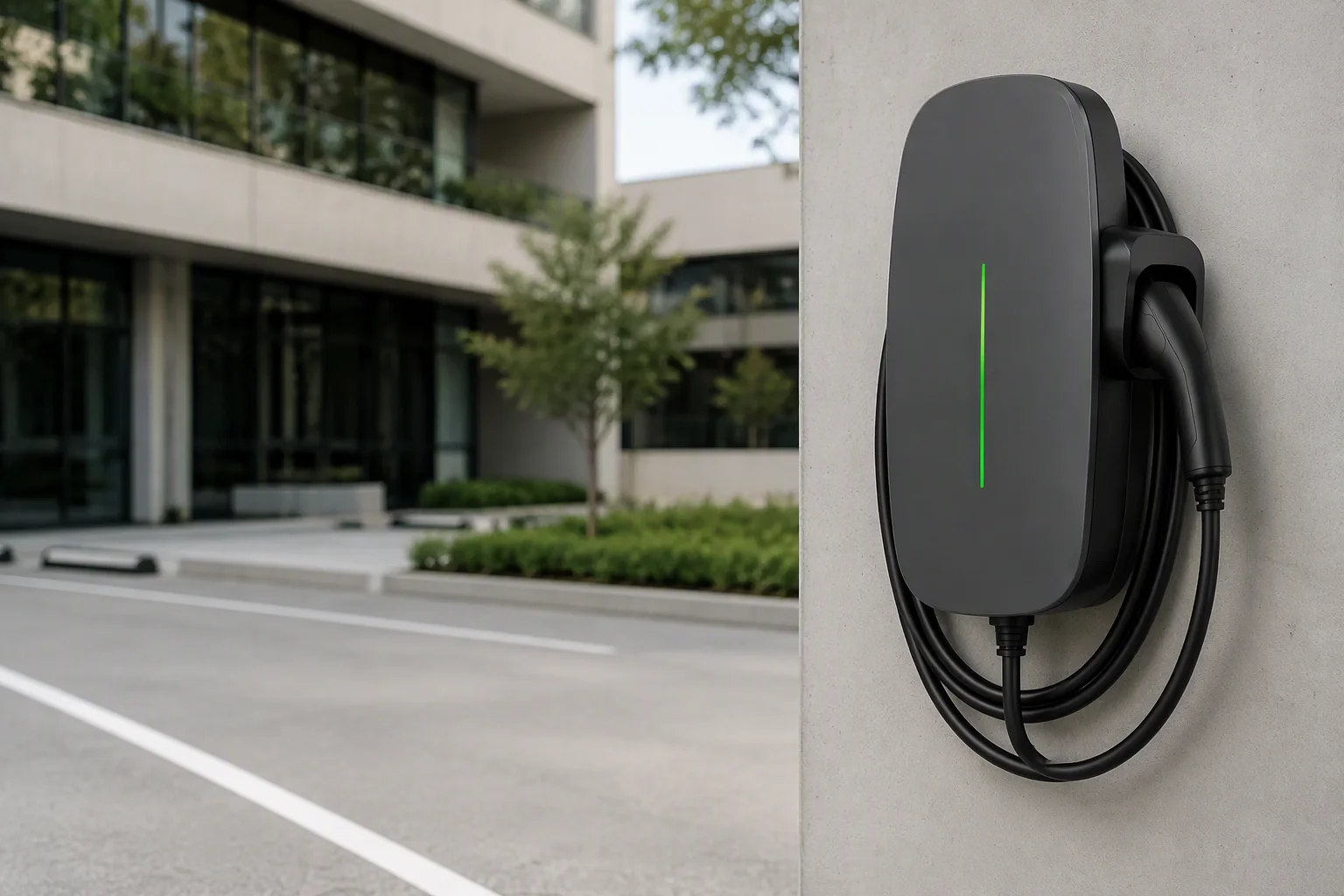 ems-charge AC wallbox charger at a modern office campus parking area